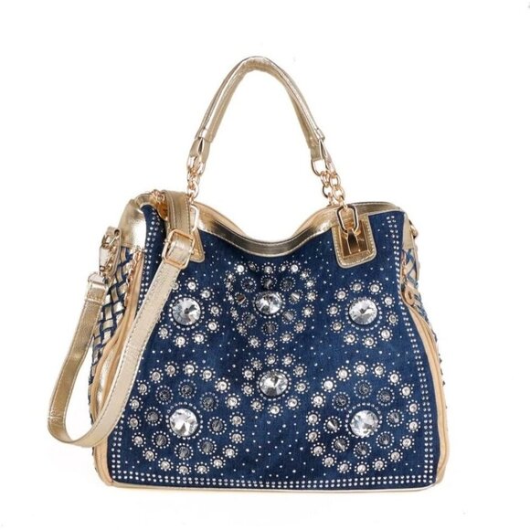 ❤️ Denim Women Shoulder Bag Crystal Rhineston Jeans Crossbody Ladies Tote Bag - Picture 1 of 7